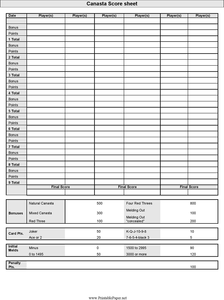 Canasta score sheets free download